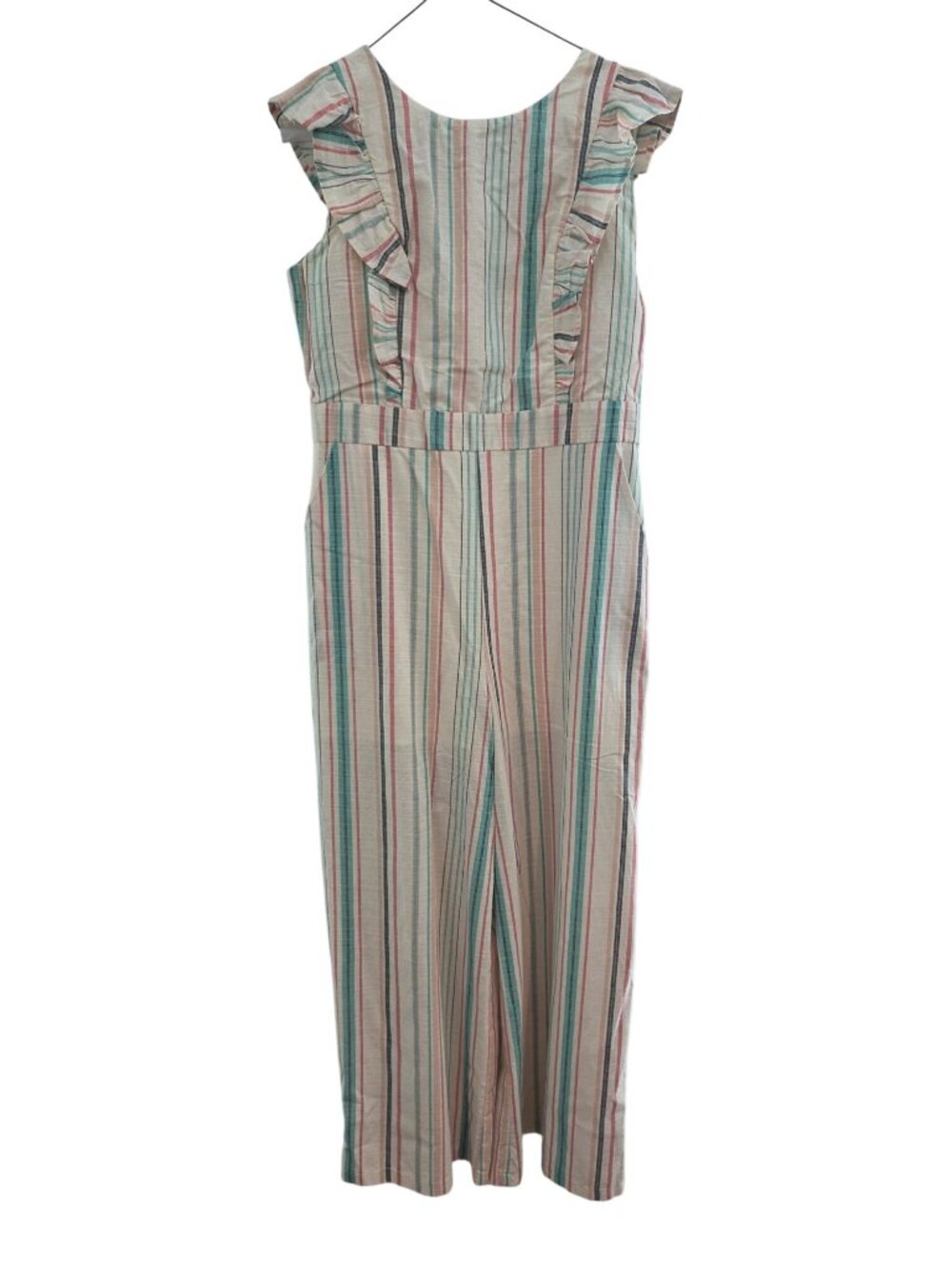 June & Hudson Jumpsuit M Cotton Striped Ruffle Wide Leg Coastal Boho Romper